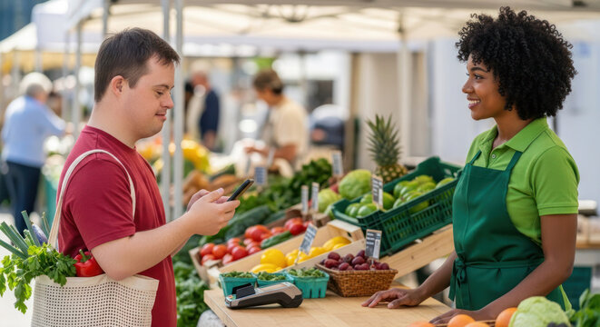 Man with Down syndrome shopping at a farmer's market, interacting with a female vendor surrounded by fresh produce and colorful vegetables