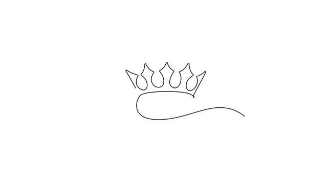 Continuous one line art drawing of a king crown elegant royal outline animation isolated on white background minimalist luxury design.