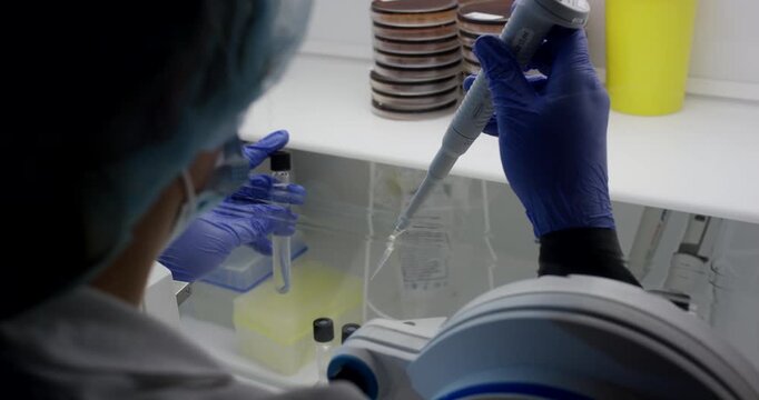 Close up of scientist using micropipette to transfer liquid into test tube inside laboratory