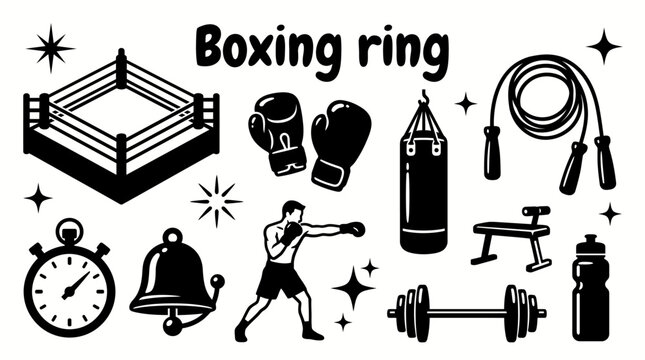 Boxing ring vector collection for combat sports, athletic training, competitions, and professional arenas. Black and white sketch style featuring, ropes, and fighting sport elements