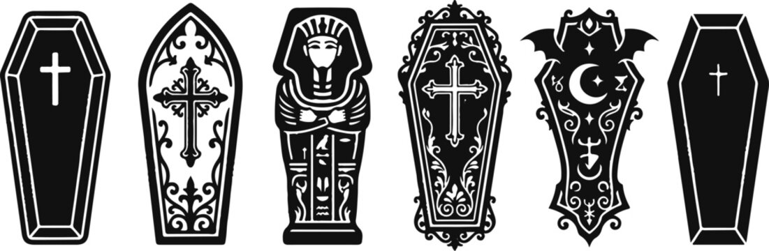 Set of Halloween vampire coffin open silhouettes black icon Vector illustration and six black silhouette coffin designs for Halloween or gothic themed projects