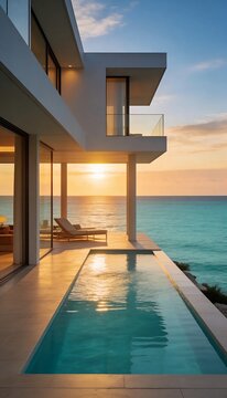 Modern luxury villa with infinity pool overlooking the ocean at golden sunset