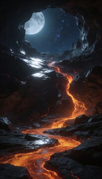 Glowing Lava Flowing Through Dark Rocky Cave Under Full Moon Night Sky