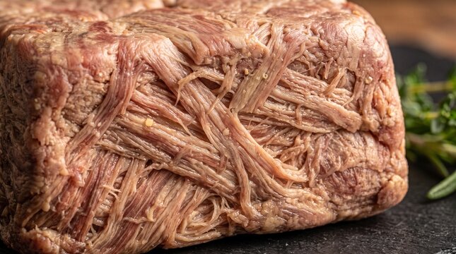 Shredded beef, pulled meat, tender texture, close-up