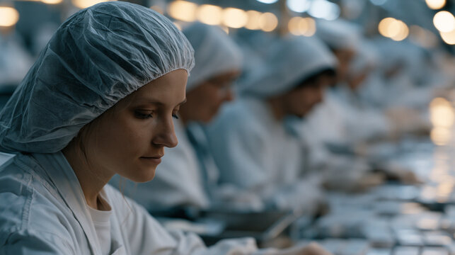 Industrial mail order pharmacy processing room filled with Inuit and Roma technicians packaging individual prescription orders on an assembly line, verification scanners beeping