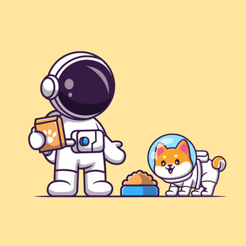 Cute Astronaut Giving Food Dog Pet Cartoon