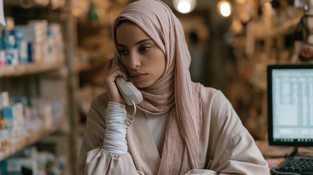 Candid unposed moment of a Lebanese pharmacist pausing in a narrow dispensary aisle to answer an urgent drug shortage call on a desk phone, half-restocked shelves around her and