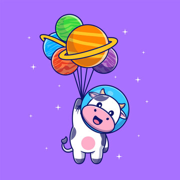 Cute Cow Astronaut Floating With Planet Balloon Cartoon 