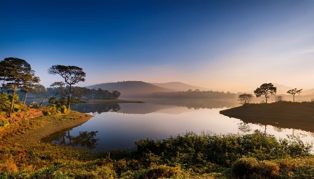 Beautiful Dawn Landscape With Wild Forest And Lake In India Periyar National Park Kerala India