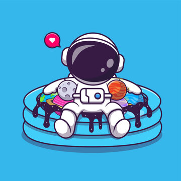 Cute Astronaut Chill In Space Pool With Planet Balloon 
Cartoon 