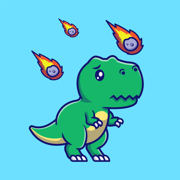 Cute Dinosaur Sad With Meteor Cartoon 
