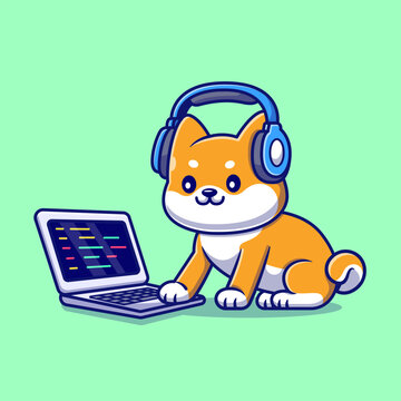 Cute Shiba Inu Dog Listening Music with Laptop And 
Headphone Cartoon 