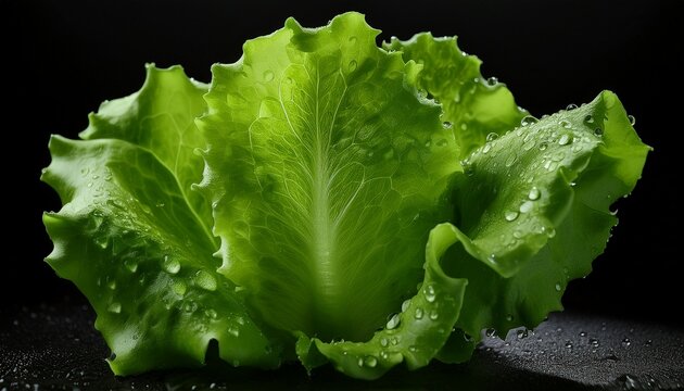 Closeup Of A Fresh Green Lettuce Leaf With Water Droplets On A Black Background