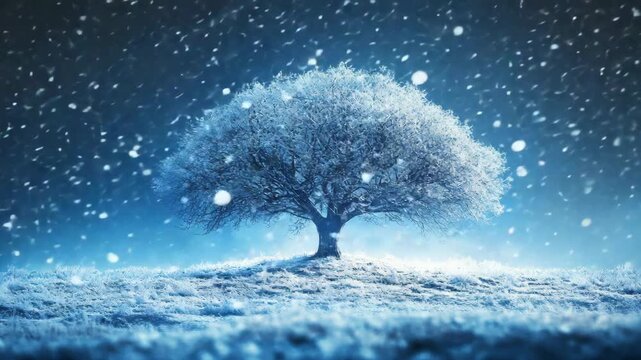 A serene winter scene with a snowy tree standing alone on a frozen ground. Perfect for nature-themed designs or wintry backgrounds.