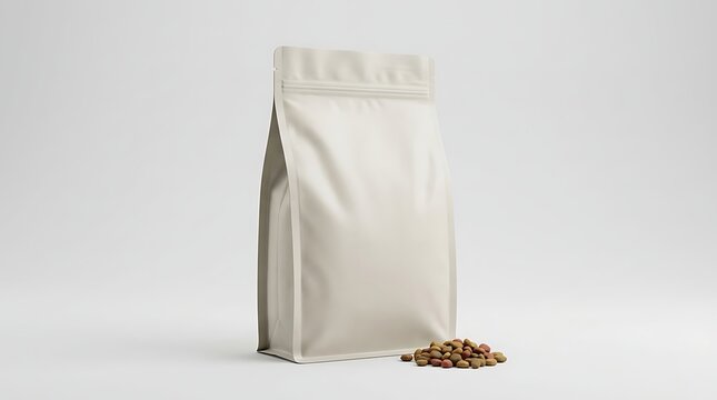 Blank white stand up pouch packaging with cat food or dog food on white background.
