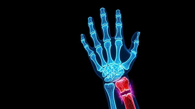 Medical 3D animation of a human hand skeleton showing a distal radius wrist bone fracture highlighted in red. Colles Fracture