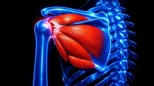 3D animation of human shoulder joint showing muscle pain and inflammation.