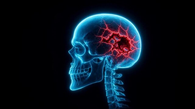 Blue human skull hologram cracking with red fractures on black background