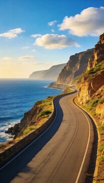 Winding coastal road hugging steep cliffs along the blue ocean at sunset
