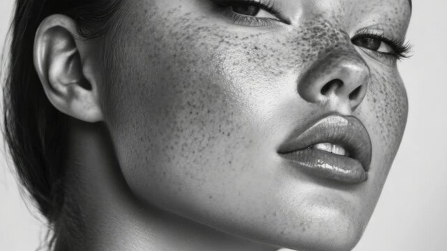 A detailed of a person's face with radiant skin and subtle freckles.