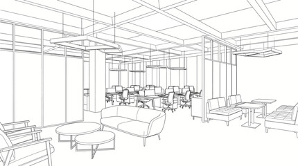 Fototapeta premium An office interior with modern furniture and open layout in a large room