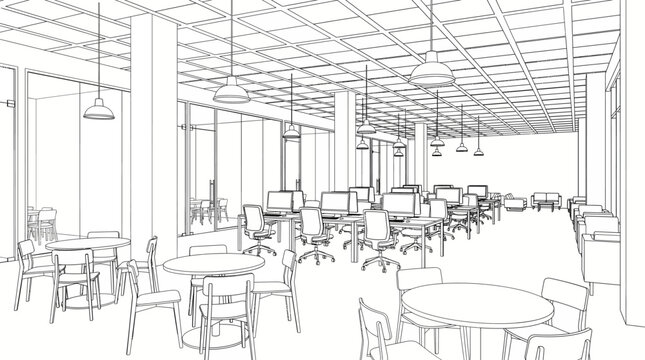 Interior design illustration of a spacious office cafeteria with tables and chairs