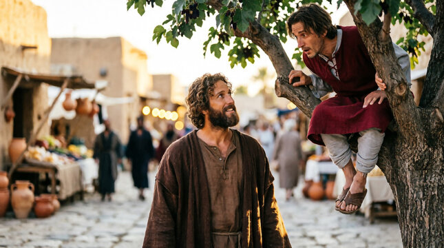 Jesus lovingly pauses beneath the sycamore fig tree and calls unto Zacchaeus with saving grace.