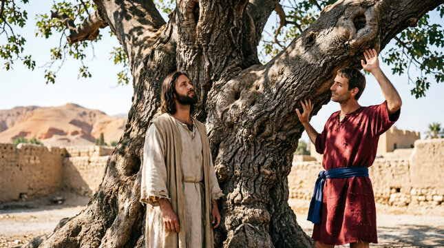 Jesus lovingly pauses beneath the sycamore fig tree and calls unto Zacchaeus with saving grace.