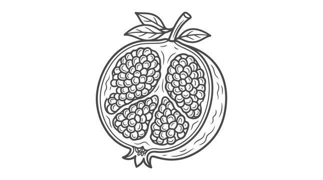 Sleek Black and White Line Drawing of a Halved Pomegranate with Seeds and Leaves with high quality professional line art symbols for modern creative design and digital branding projects