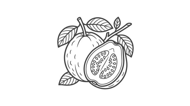 Sleek Black and White Line Drawing of a Cut Open Passion Fruit with Leaves and Stem with high quality professional line art symbols for modern creative design and digital branding projects
