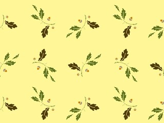 Seamless pattern featuring oak leaves and acorns (Quercus species) on a light yellow background. Each cluster comprises green and brown oak leaves alongside small, brown acorns. The design is evenly s