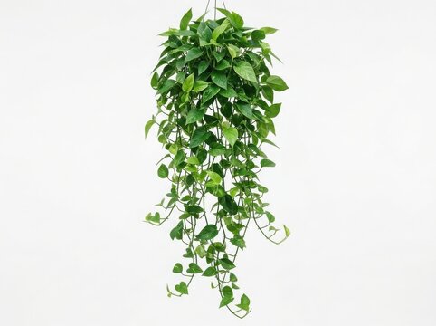 A beautiful lush green pothos plant hanging in a decorative pot with long trailing vines and vibrant leaves for home decor isolated on white background