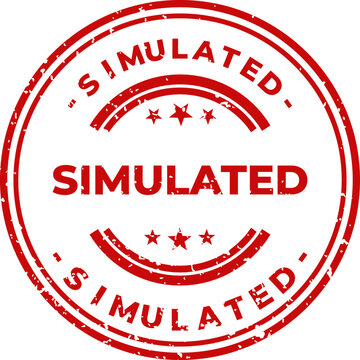 A bold red grunge effect round stamp displaying SIMULATED with star graphics, suitable for marking test results or prototypes