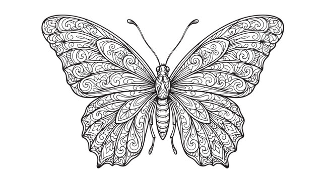 Intricate mandala butterfly vector illustration, ornate zentangle butterfly line art for coloring book, decorative insect with floral swirl patterns