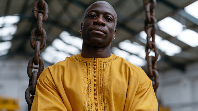 Ghanaian male entrepreneur standing before a snapped industrial chain hanging from a warehouse ceiling under stark halogen light, disruption metaphor for breaking legacy processes