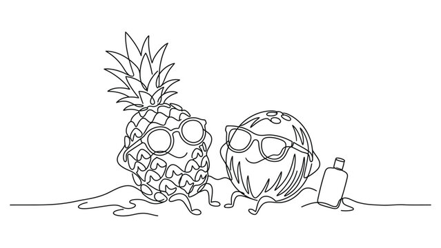 Continuous line drawing of a cute pineapple and coconut character relaxing on the beach