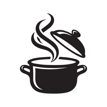 Cooking pot silhouette vector icon with open lid and rising hot steam, kitchenware symbol for recipe or restaurant logo
