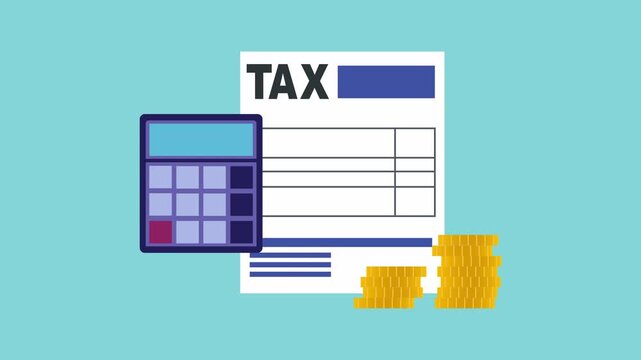 Tax calculation with gold coins, calculator and tax form 2d animation with alpha matte