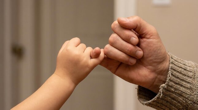 An elderly person and a baby holding pinky fingers together.