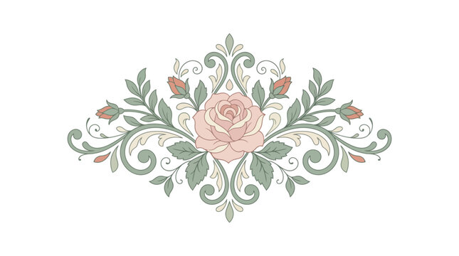 Elegant vintage floral ornament with rose and symmetrical scrolls isolated on white background