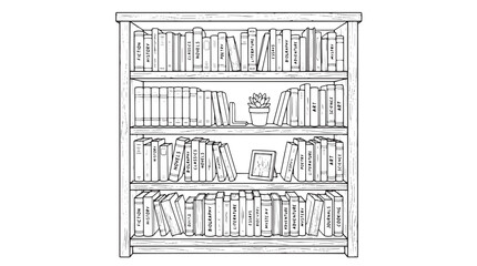 Hand drawn bookshelf vector illustration, vintage library bookcase with rows of books, cozy home office furniture sketch, black and white line art © Naveed