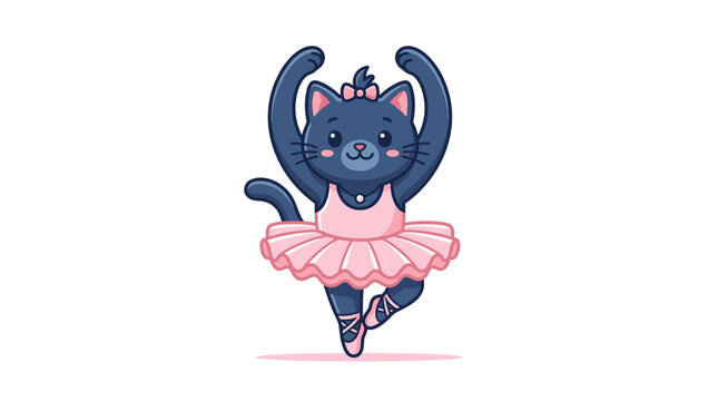 Cute cartoon black cat ballerina dancing ballet in pink tutu and pointe shoes