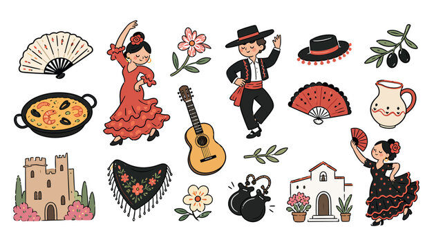 Spanish Flamenco Dance Culture Icons.