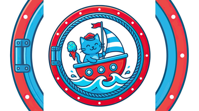 Cute Cat Sailing Boat Ice Cream Porthole Cartoon Illustration