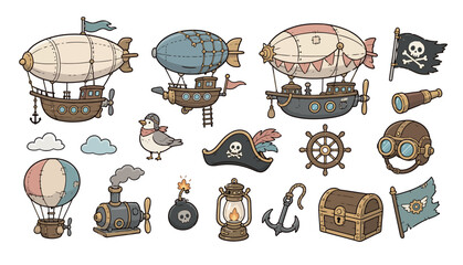 Pirate steampunk airships and icons. © penguasa