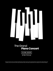 Minimalist black and white poster for a Grand Piano Concert featuring abstract geometric piano keys, concert date, time details, and placeholder text on a solid black background. © indra