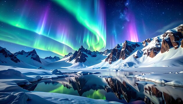 A serene snowy mountain landscape under a vibrant aurora borealis (1)