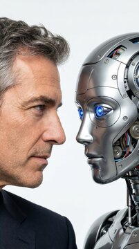 Close-up of a man and a humanoid robot in a confrontational gaze. Innovative and thought-provoking.