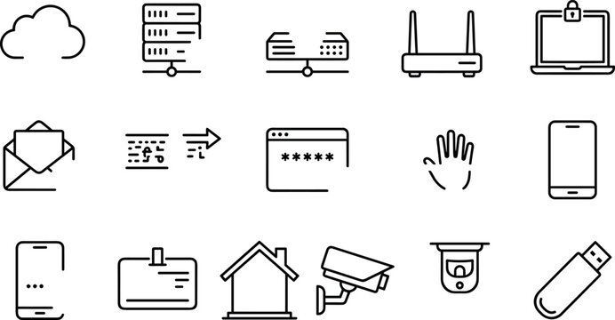 Set of simple network technology cloud computing and data security outline icons isolated on white background