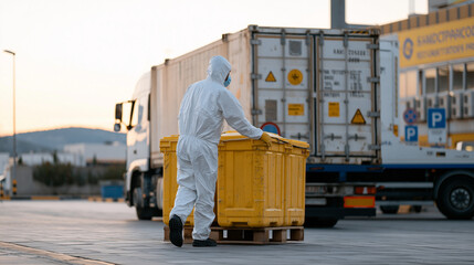 Fototapeta premium Industrial pharmaceutical waste processing facility exterior at dusk, a logistics worker in hazmat suit loading sealed sharps containers onto a specialized transport vehicle,